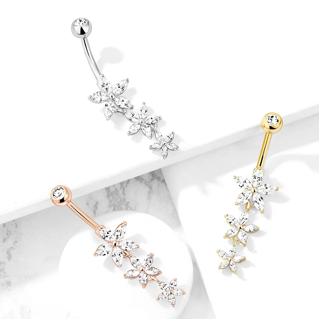 Triple Marquise CZ Flowers Dangle with Gemmed Top Surgical Steel Belly Button Navel Rings Belly Button Ring Skin Metals
