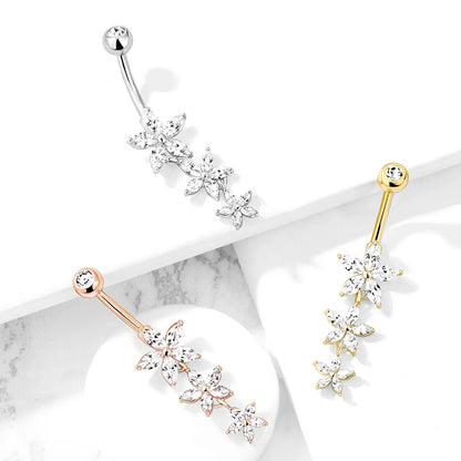 Triple Marquise CZ Flowers Dangle with Gemmed Top Surgical Steel Belly Button Navel Rings Belly Button Ring Skin Metals