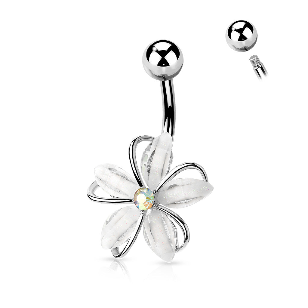 CZ Center Wire Set White Flower 316L Surgical Steel Belly Button Navel Rings Belly Button Ring Skin Metals