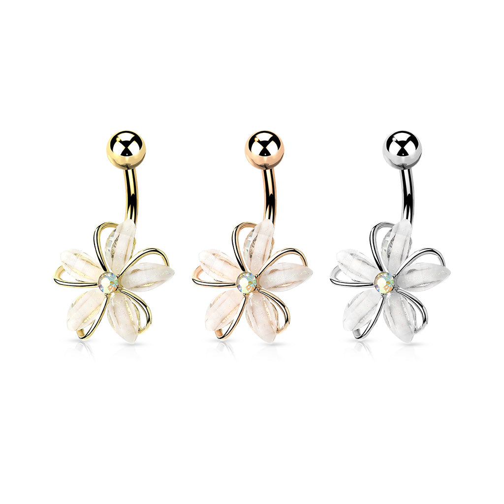 CZ Center Wire Set White Flower 316L Surgical Steel Belly Button Navel Rings Belly Button Ring Skin Metals