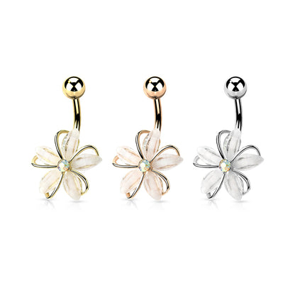 CZ Center Wire Set White Flower 316L Surgical Steel Belly Button Navel Rings Belly Button Ring Skin Metals