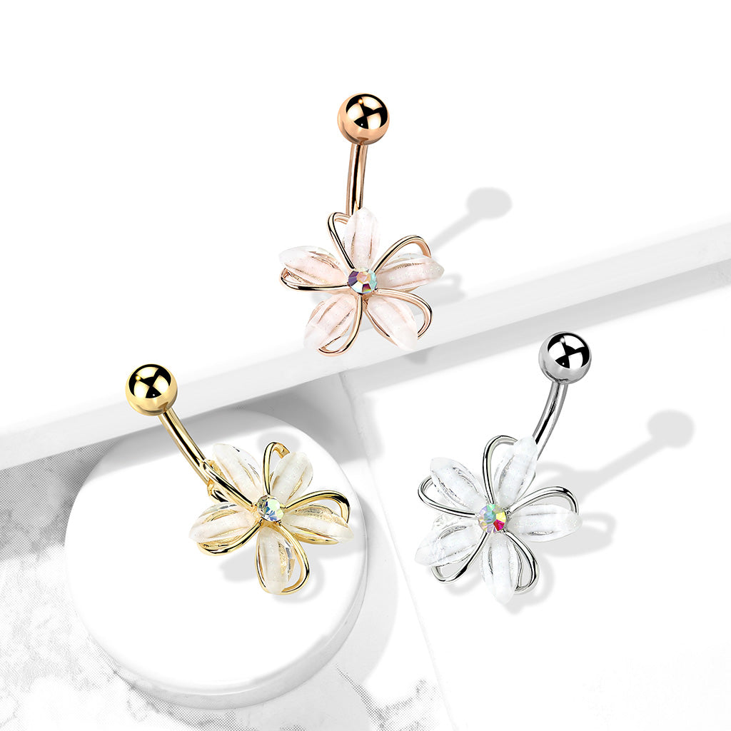 CZ Center Wire Set White Flower 316L Surgical Steel Belly Button Navel Rings Belly Button Ring Skin Metals