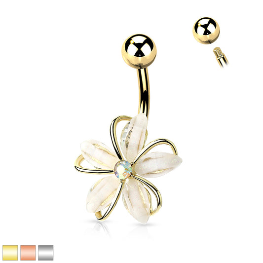 CZ Center Wire Set White Flower 316L Surgical Steel Belly Button Navel Rings Belly Button Ring Skin Metals