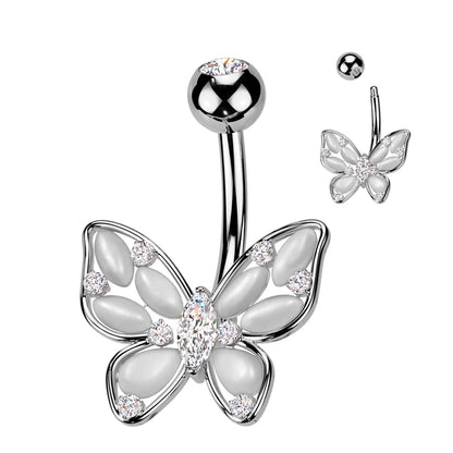 Surgical Steel Cat's Eye Butterfly Belly Button Navel Ring With Marquise CZ Center Navel Rings Skin Metals Clear