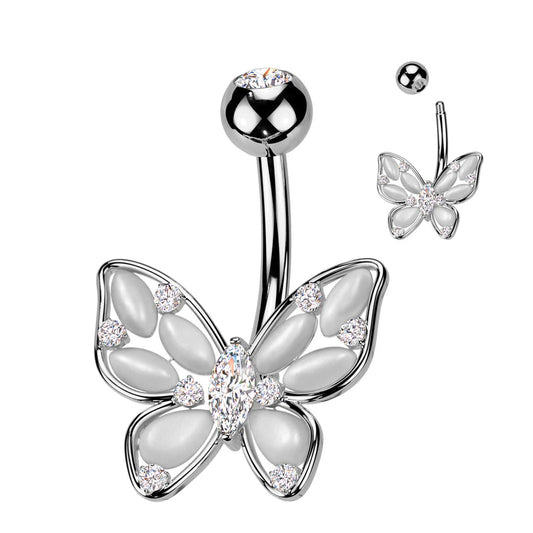 Surgical Steel Cat's Eye Butterfly Belly Button Navel Ring With Marquise CZ Center Navel Rings Skin Metals Clear