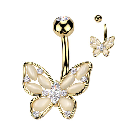 Surgical Steel Cat's Eye Butterfly Belly Button Navel Ring With Marquise CZ Center Navel Rings Skin Metals Gold