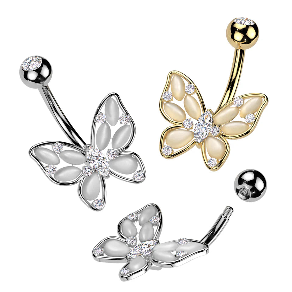 Surgical Steel Cat's Eye Butterfly Belly Button Navel Ring With Marquise CZ Center Navel Rings Skin Metals