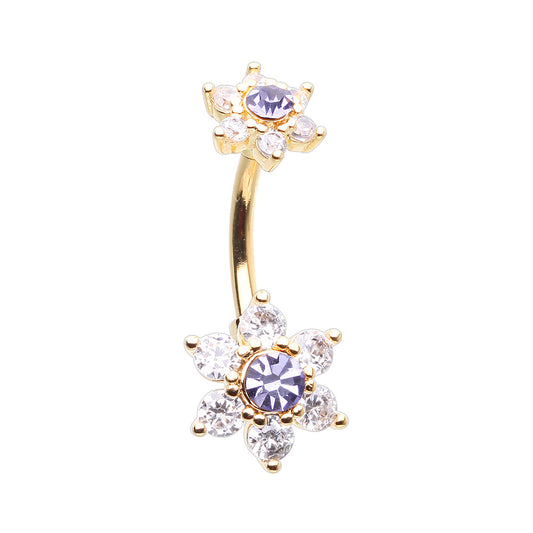 Golden Double Bloom Flower Cubic Zirconia Belly Button Ring Belly Button Ring Impulse Piercings