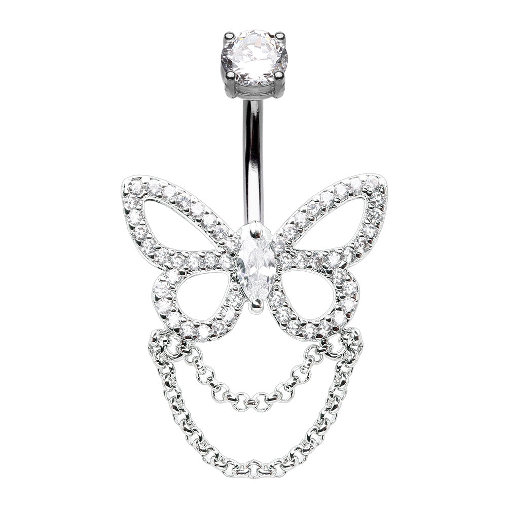 Ultra Bling Butterfly Double Chain Cubic Zirconia Belly Button Ring Belly Button Ring Impulse Piercings