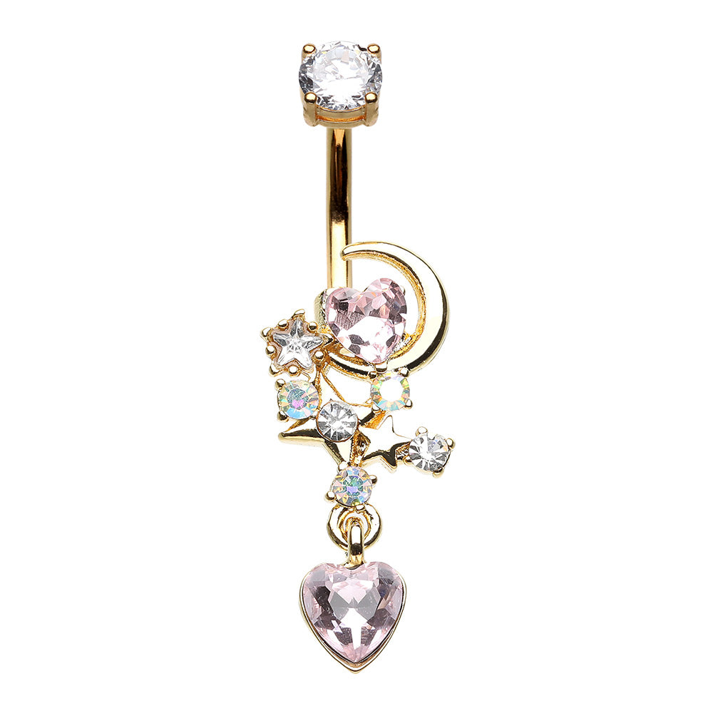 Golden Celestial Moon Star Heart Cluster Belly Button Ring Belly Button Ring Skin Metals