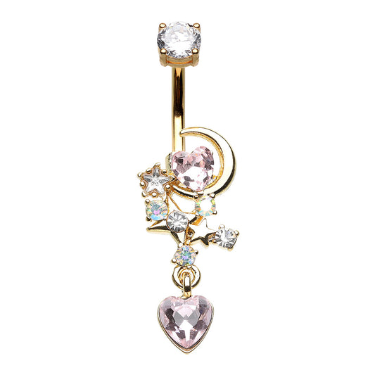 Golden Celestial Moon Star Heart Cluster Belly Button Ring Belly Button Ring Skin Metals