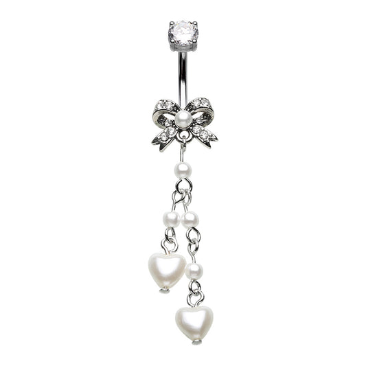 Bling Vintage Bow Pearl Hearts Dangle Belly Button Ring Belly Button Ring Skin Metals