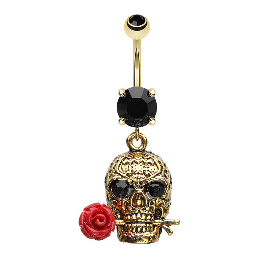 Golden Skull Rose Death Beauty Belly Button Ring
