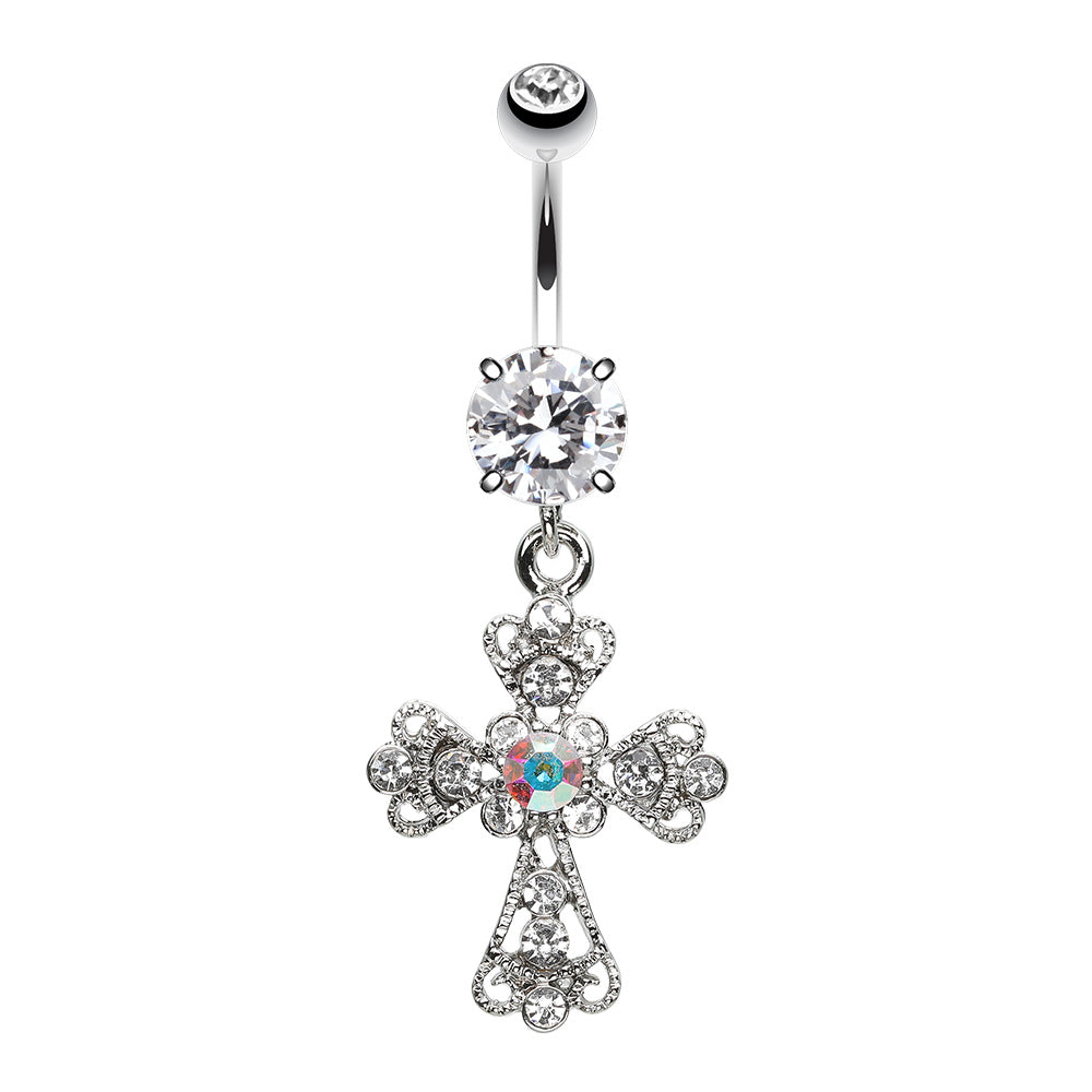 Shimmering Religious Patonce Cross Belly Button Ring