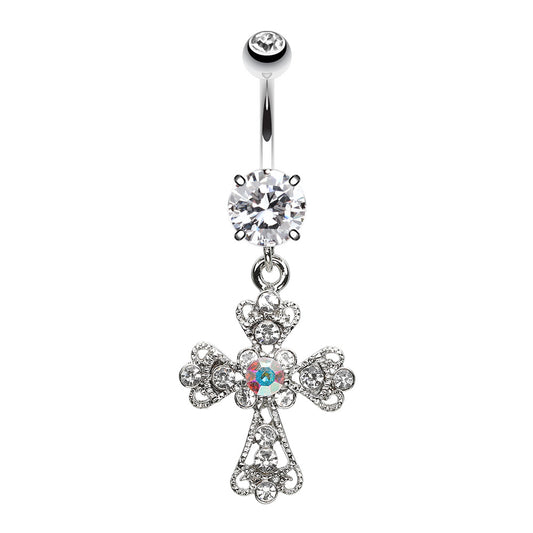Shimmering Religious Patonce Cross Belly Button Ring