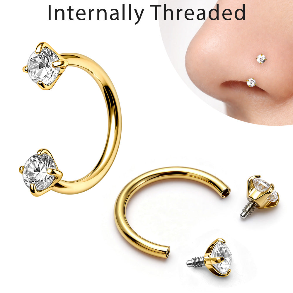 Gold Plated 316L Stainless Steel Internally Threaded Double Gem Nose Hoop - Skin Metals