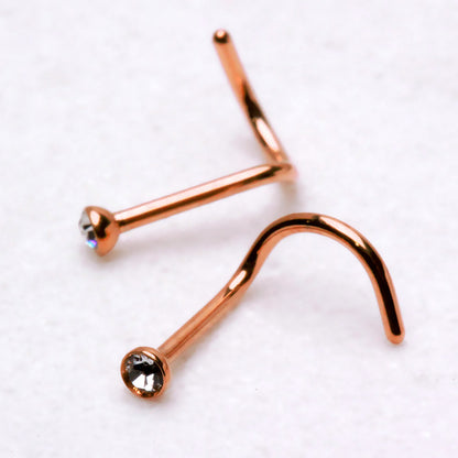 Rose Gold Plated 316L Stainless Steel CZ Screw Nose Ring