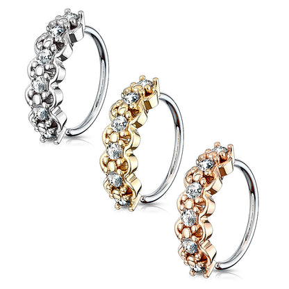 Surgical Steel Lined CZ Center with Filigree Edges Bendable Hoops for Nose Ear Cartilage Nose Ring Skin Metals