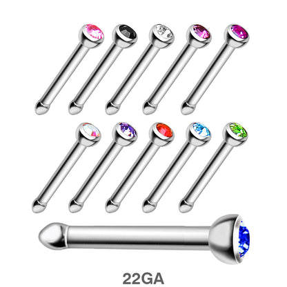 22GA 316L Stainless Steel Stud Nose Ring with Press Fitted Gem - Skin Metals