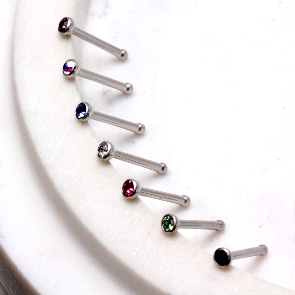 22GA 316L Stainless Steel Stud Nose Ring with Press Fitted Gem - Skin Metals