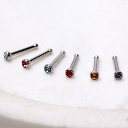 22GA 316L Stainless Steel Stud Nose Ring with Press Fitted Gem - Skin Metals