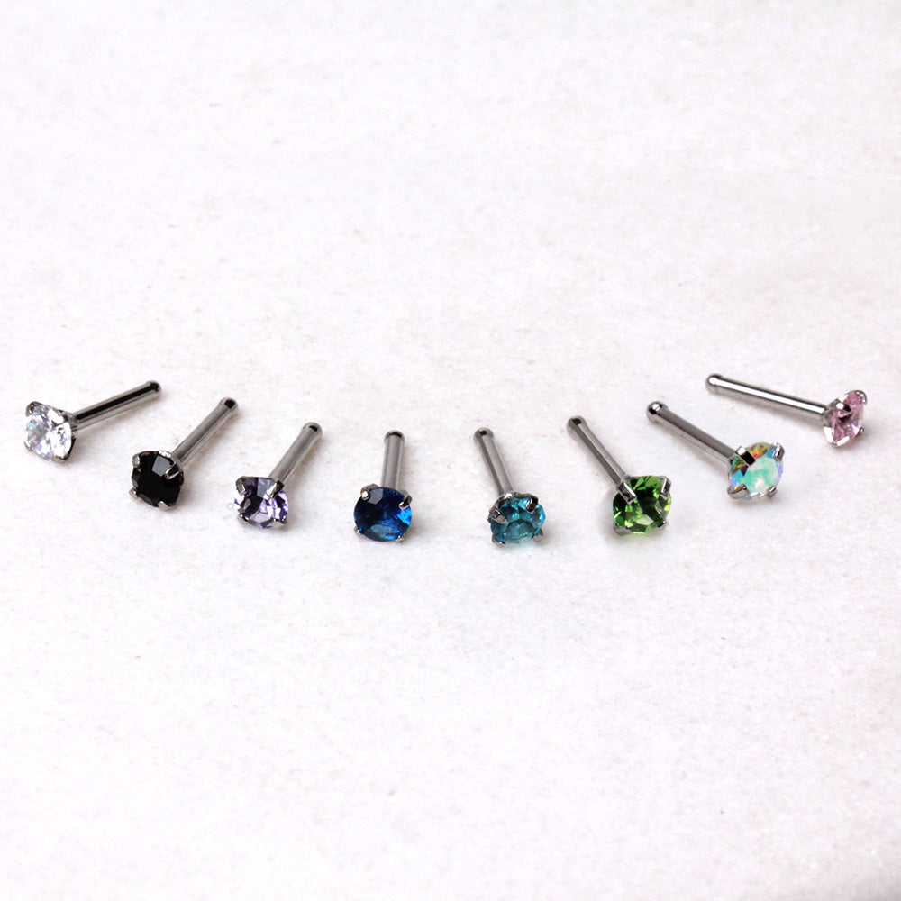 316L Stainless Steel Bone Nose Ring with Prong Set 3mm Gem - Skin Metals