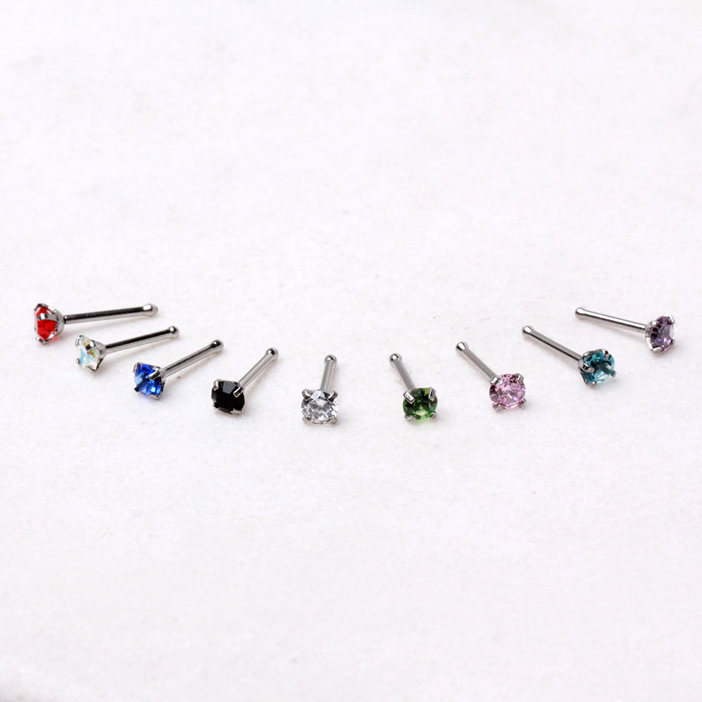 316L Stainless Steel Bone Nose Ring with Prong Set 3mm Gem - Skin Metals