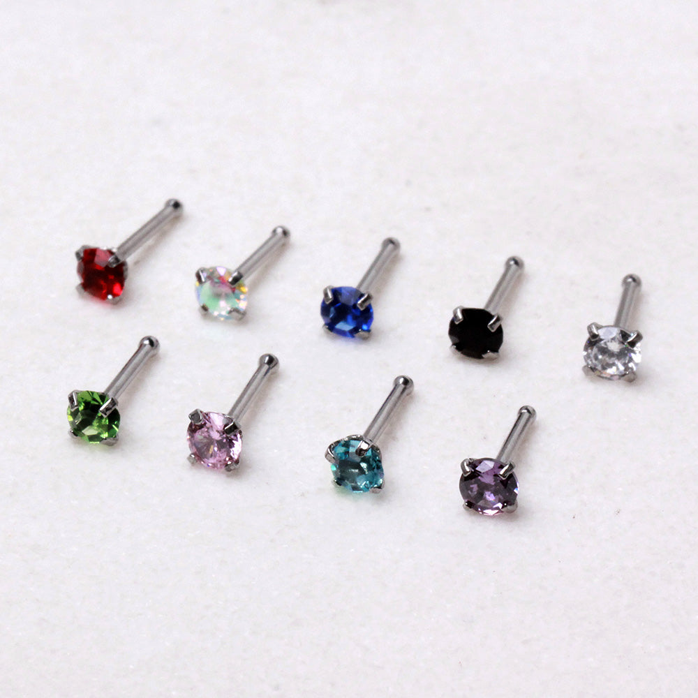 316L Stainless Steel Bone Nose Ring with Prong Set 3mm Gem - Skin Metals