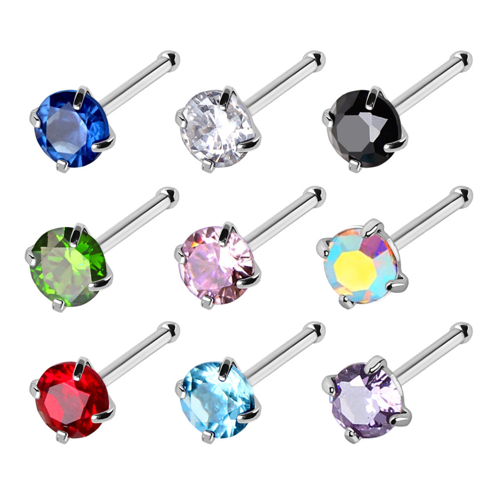 316L Stainless Steel Bone Nose Ring with Prong Set 3mm Gem - Skin Metals