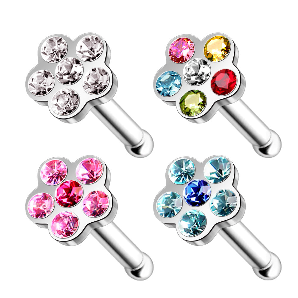 Multi Gem Flower Nose Bone, 316L Steel