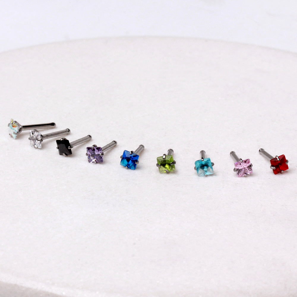 316L Stainless Steel Prong Set Square CZ Nose Stud - Skin Metals