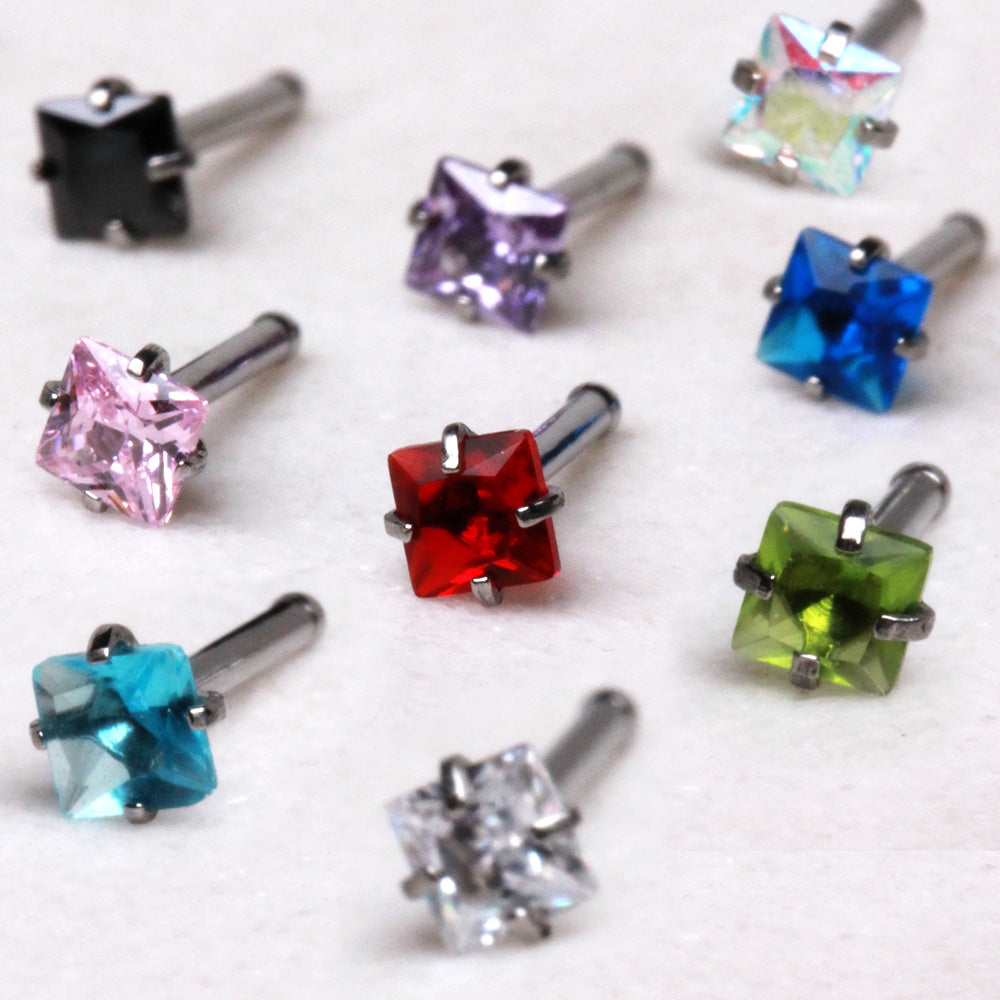 316L Stainless Steel Prong Set Square CZ Nose Stud - Skin Metals