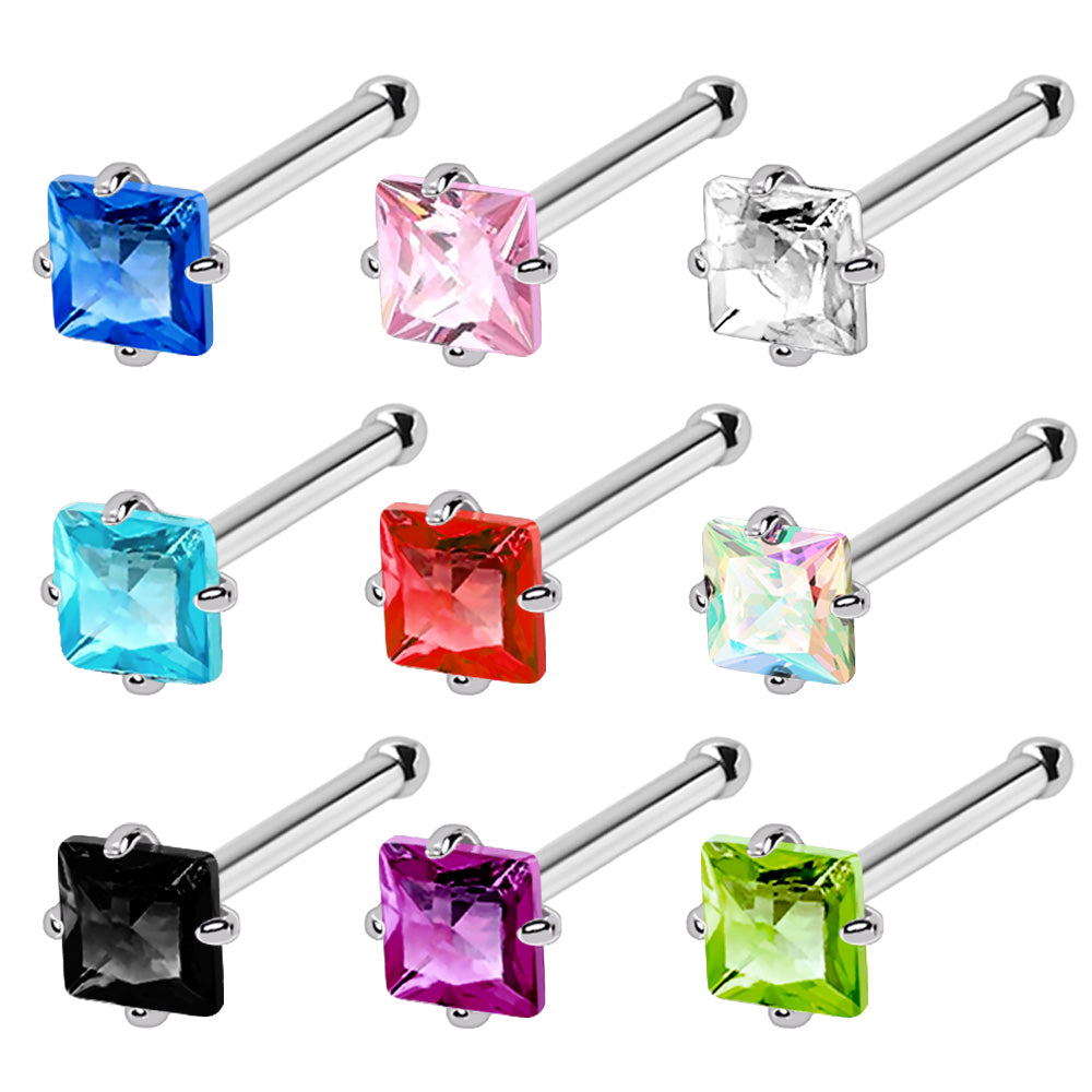 316L Stainless Steel Prong Set Square CZ Nose Stud - Skin Metals