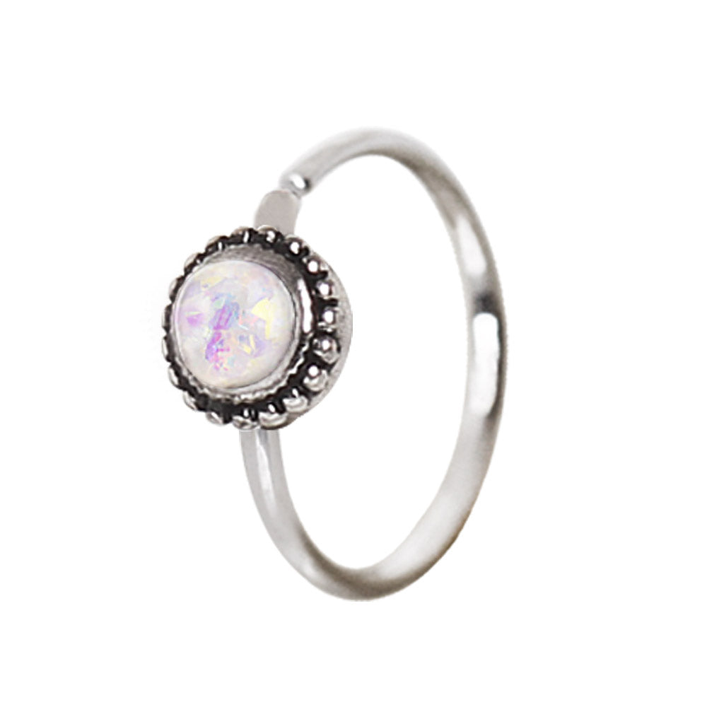 316L Stainless Steel White Synthetic Opal Ornate Cartilage Hoop Earring