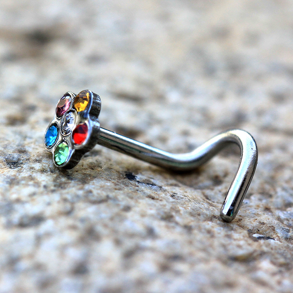 Multi Gem Flower Screw Nose Ring