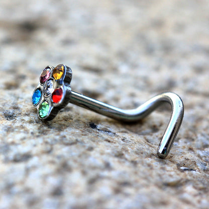 Multi Gem Flower Screw Nose Ring