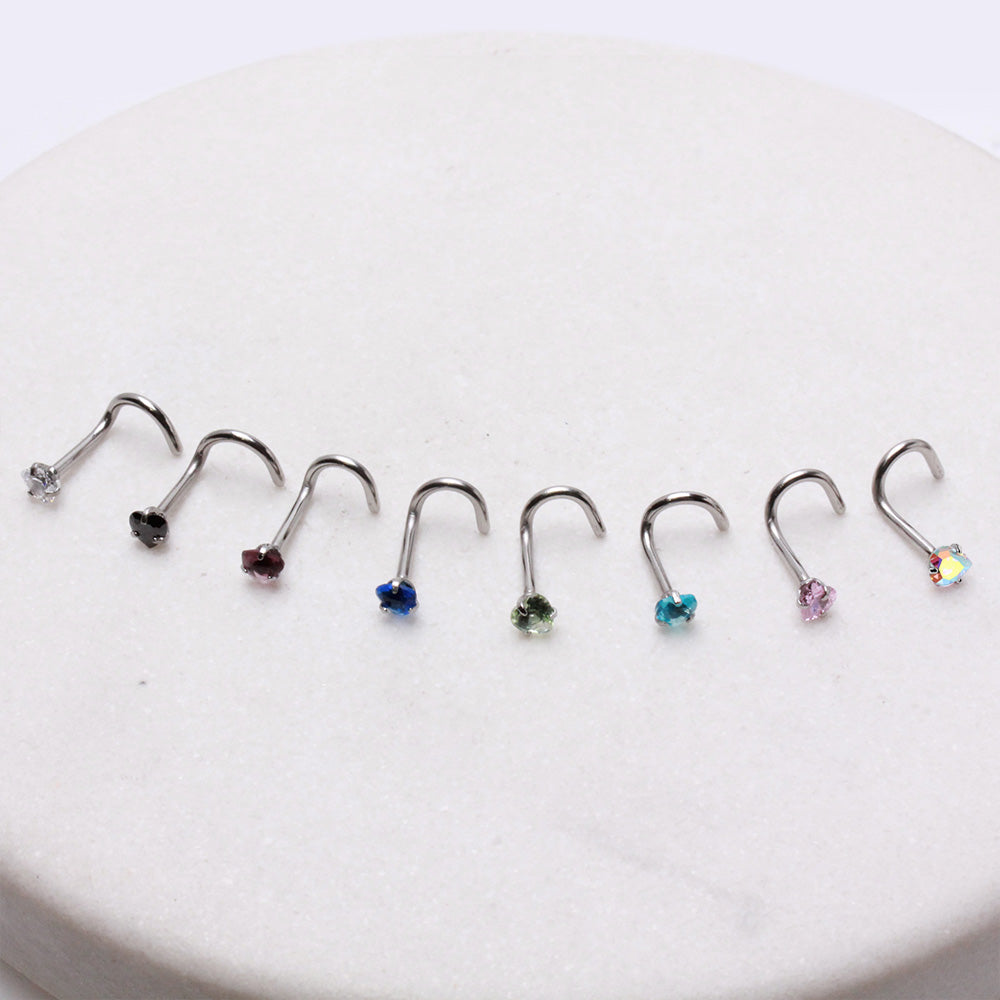 Heart CZ Screw Nose Ring, 316L Stainless Steel