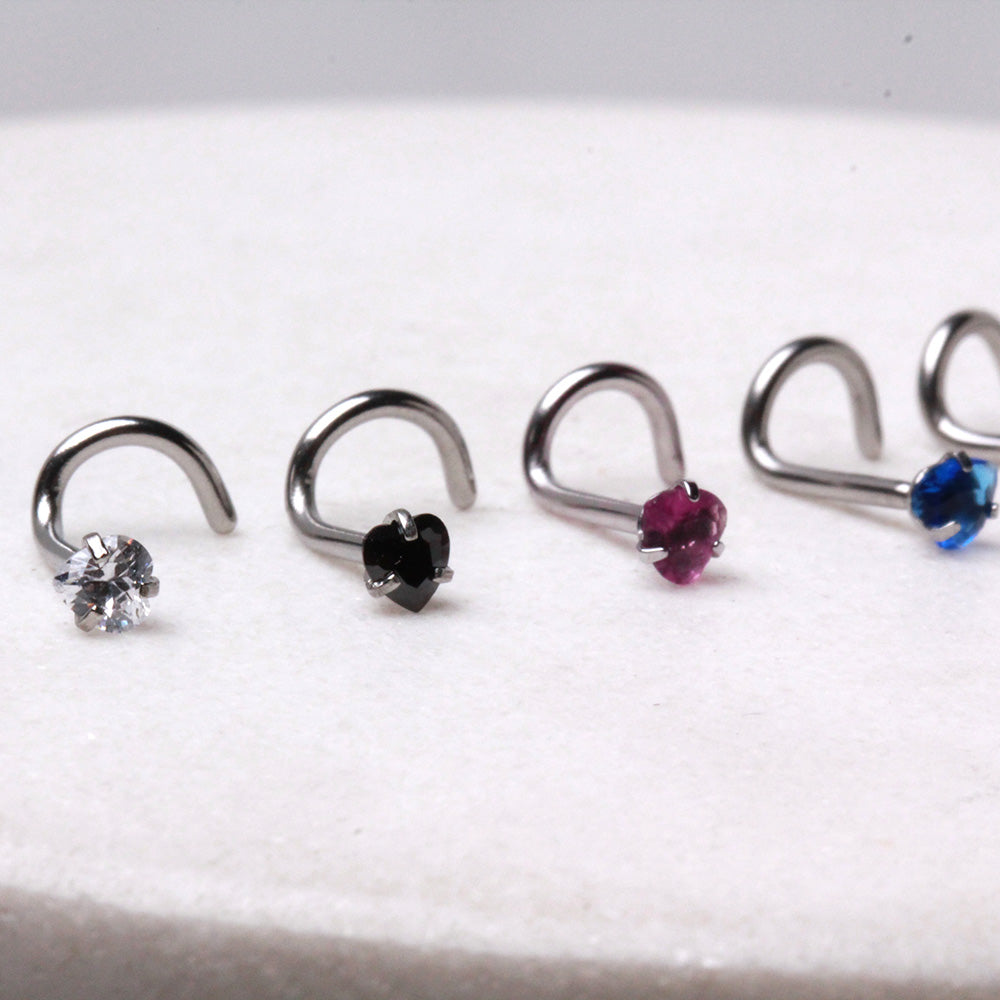 Heart CZ Screw Nose Ring, 316L Stainless Steel