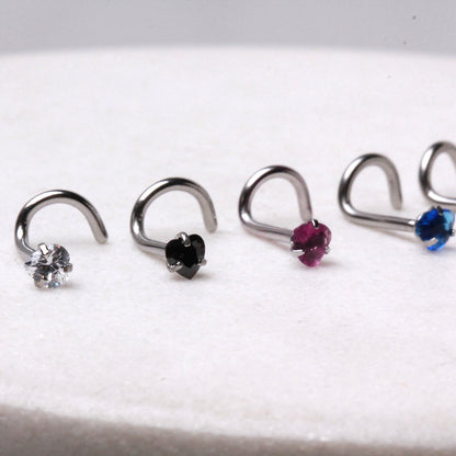 Heart CZ Screw Nose Ring, 316L Stainless Steel