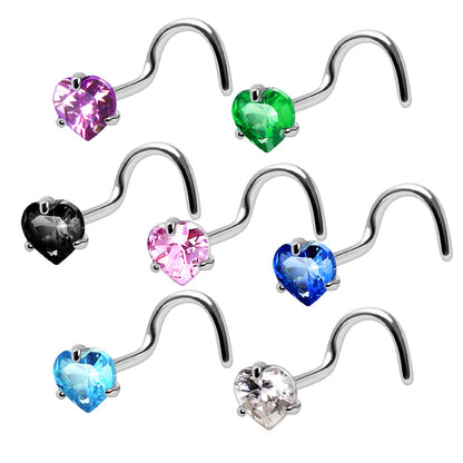 Heart CZ Screw Nose Ring, 316L Stainless Steel