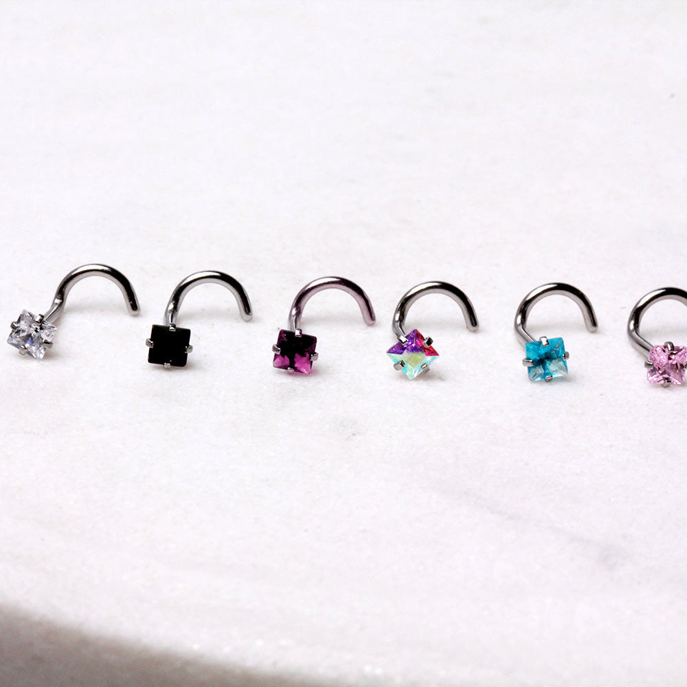 Square CZ Screw Nose Ring, 316L Stainless Steel