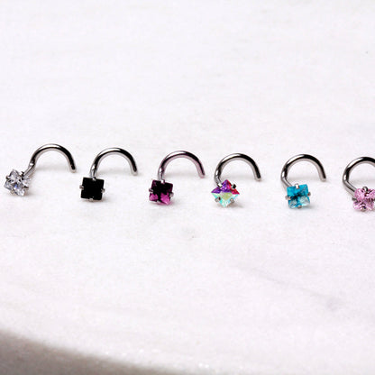 Square CZ Screw Nose Ring, 316L Stainless Steel