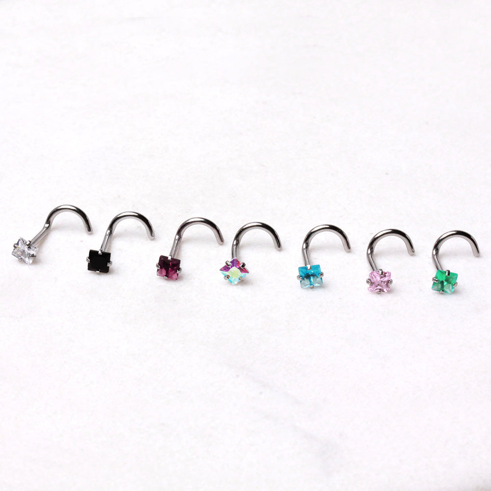 Square CZ Screw Nose Ring, 316L Stainless Steel