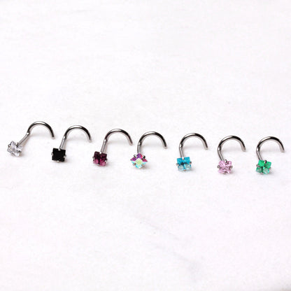 Square CZ Screw Nose Ring, 316L Stainless Steel