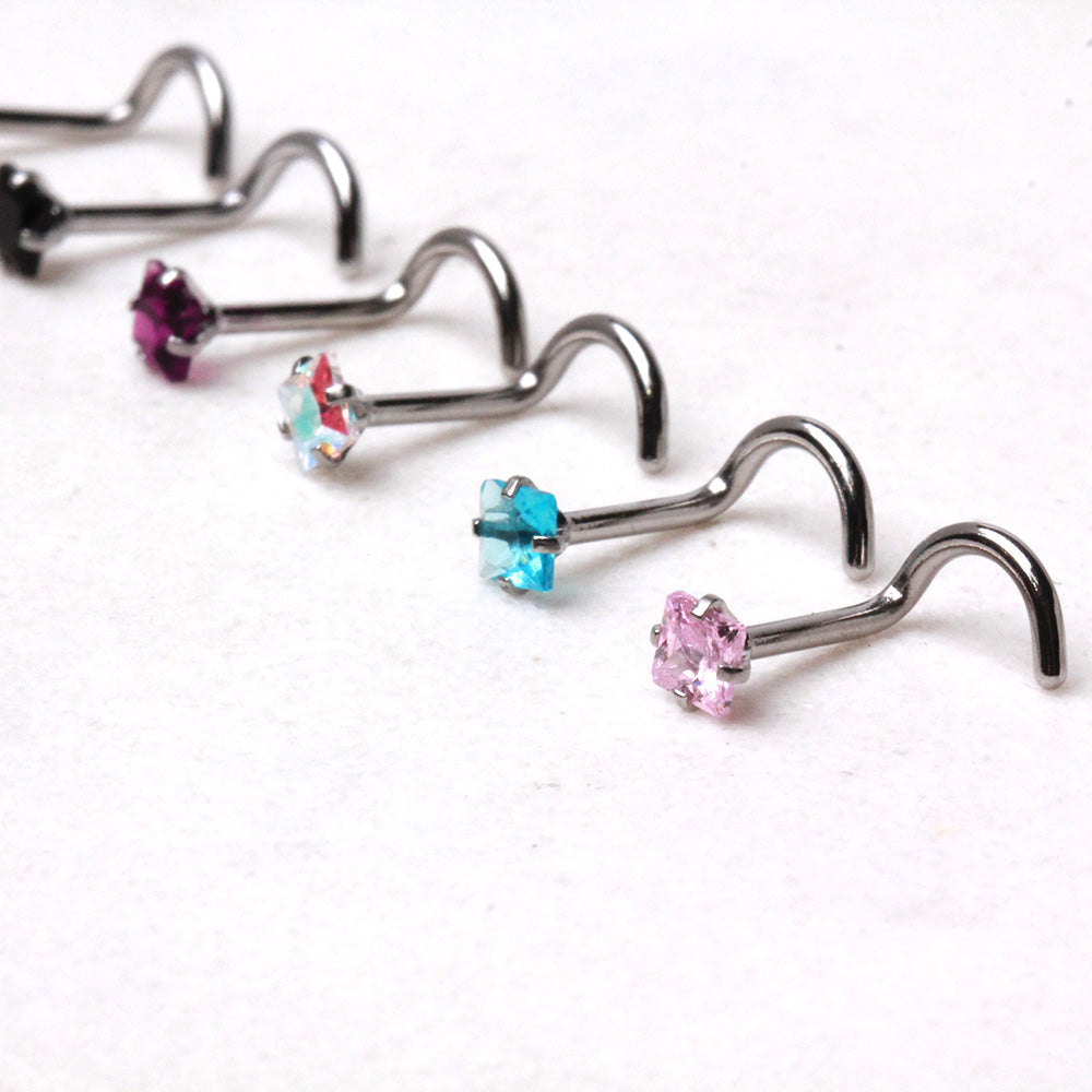 Square CZ Screw Nose Ring, 316L Stainless Steel
