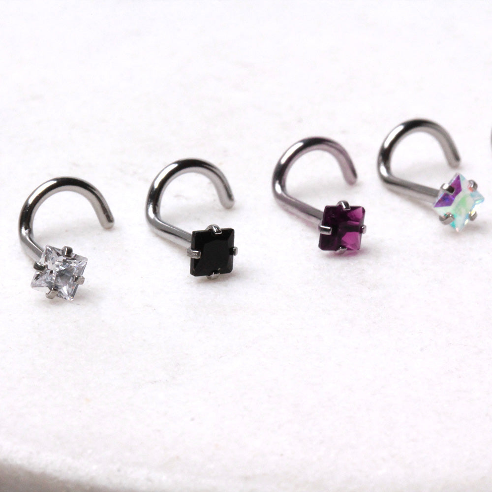 Square CZ Screw Nose Ring, 316L Stainless Steel