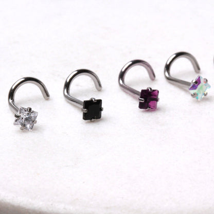 Square CZ Screw Nose Ring, 316L Stainless Steel