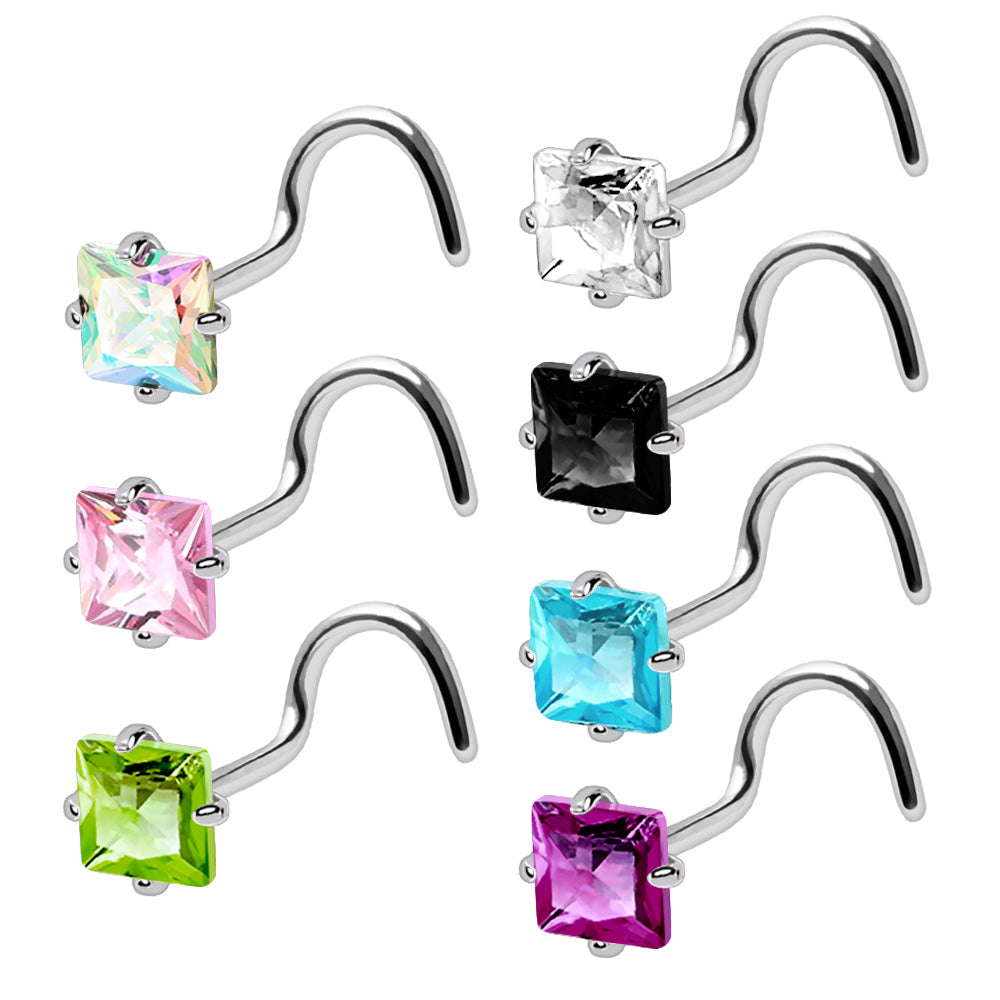 Square CZ Screw Nose Ring, 316L Stainless Steel