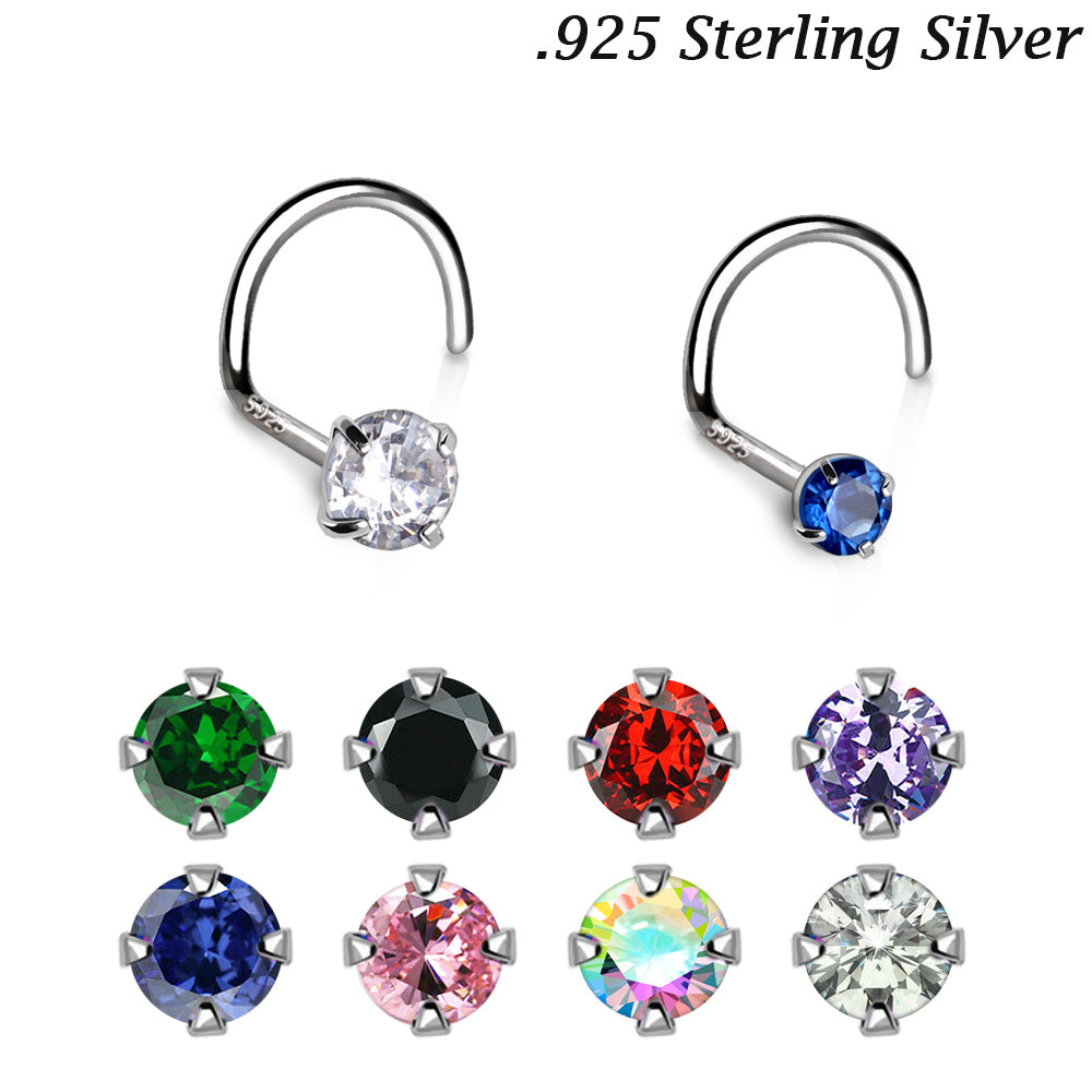 .925 Sterling Silver Prong Set CZ Screw Nose Ring - Skin Metals
