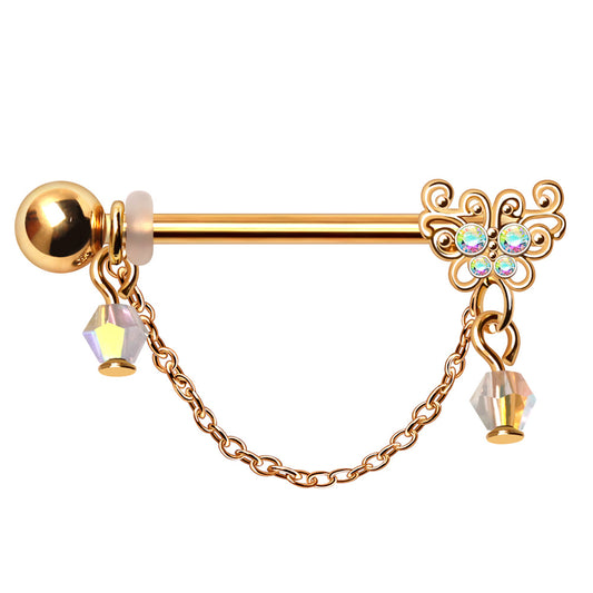 Gold Plated Chained Butterfly Nipple Shield Nipple Ring Skin Metals